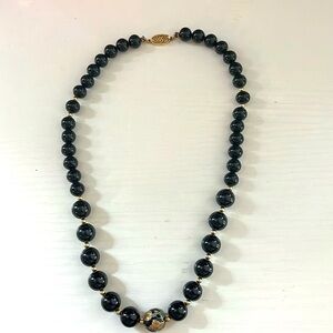 Vintage Black Glass Bead & Gold Beads Center Cloisonne Necklace 8”
